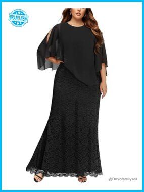 Pinup Fashion Lace Mermaid Gown Chiffon Capelet Formal Plus Size Evening Dress